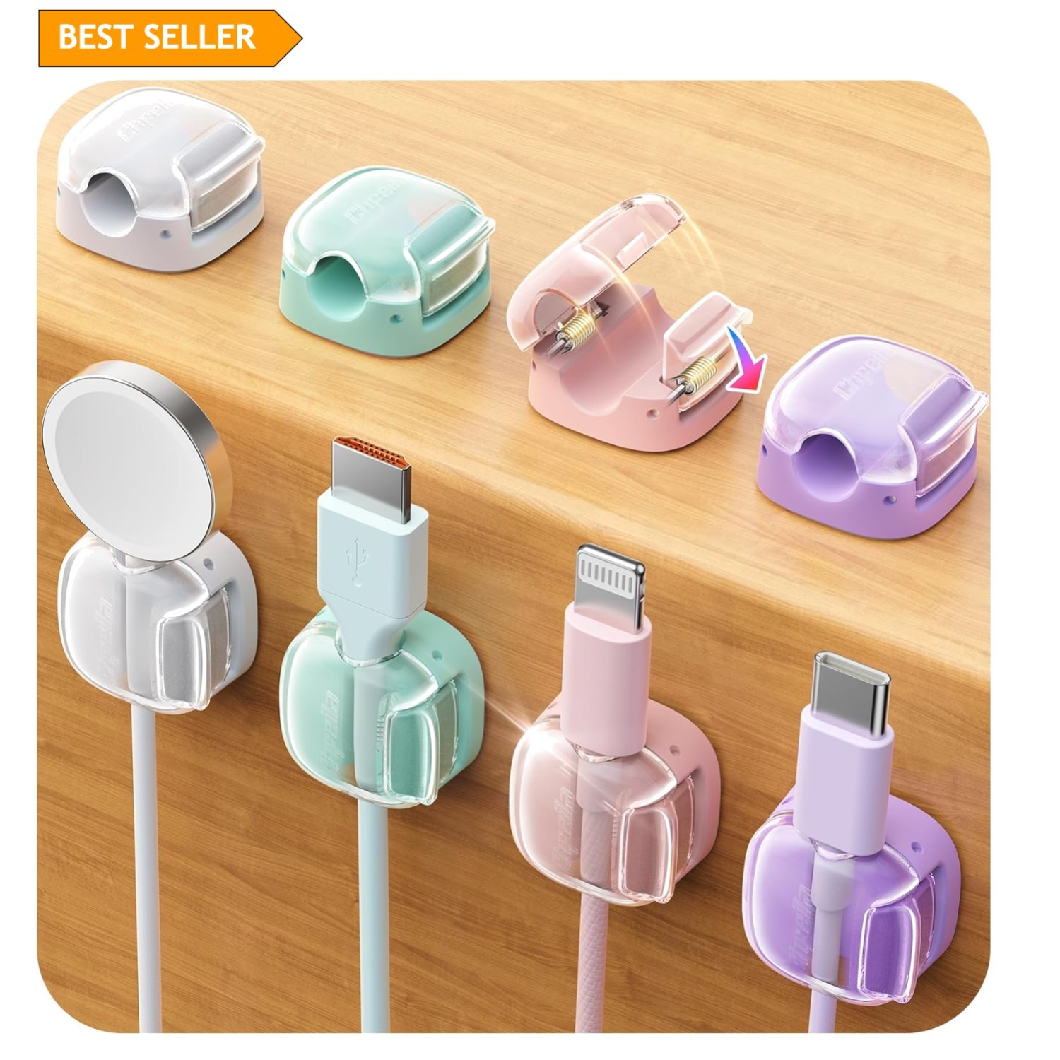 Cable Clips Cord Organizer Spring Holder Pink Green Purple White 8 Pcs Desk Dorm