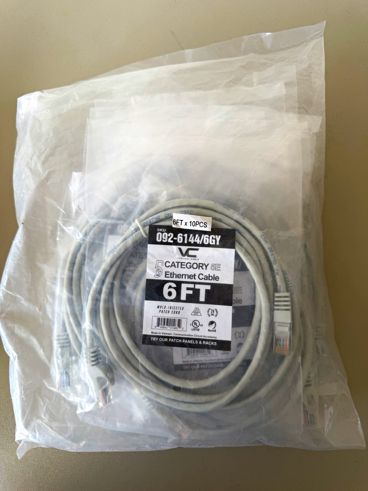 VC Cat5e RJ-45 to RJ-45 Ethernet Patch Cable 6ft Molded Gray 10 pcs