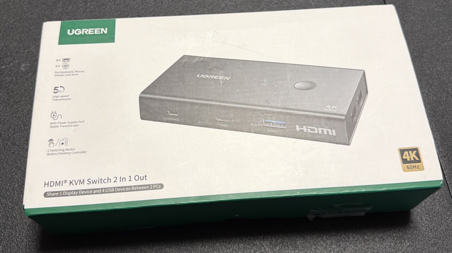 UGREEN HDMI KVM Switch 2 In 1Out 4K 60Hz 4 USB 3.0 Ports Dual PC Sharing Hub