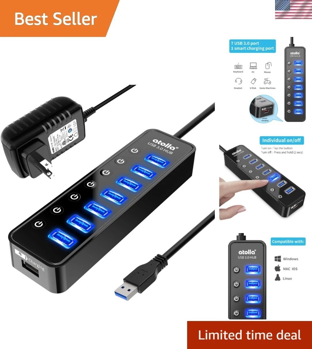 7-Port USB 3.0 Hub with Smart Charging - Expand Your Connectivity Effortlessly