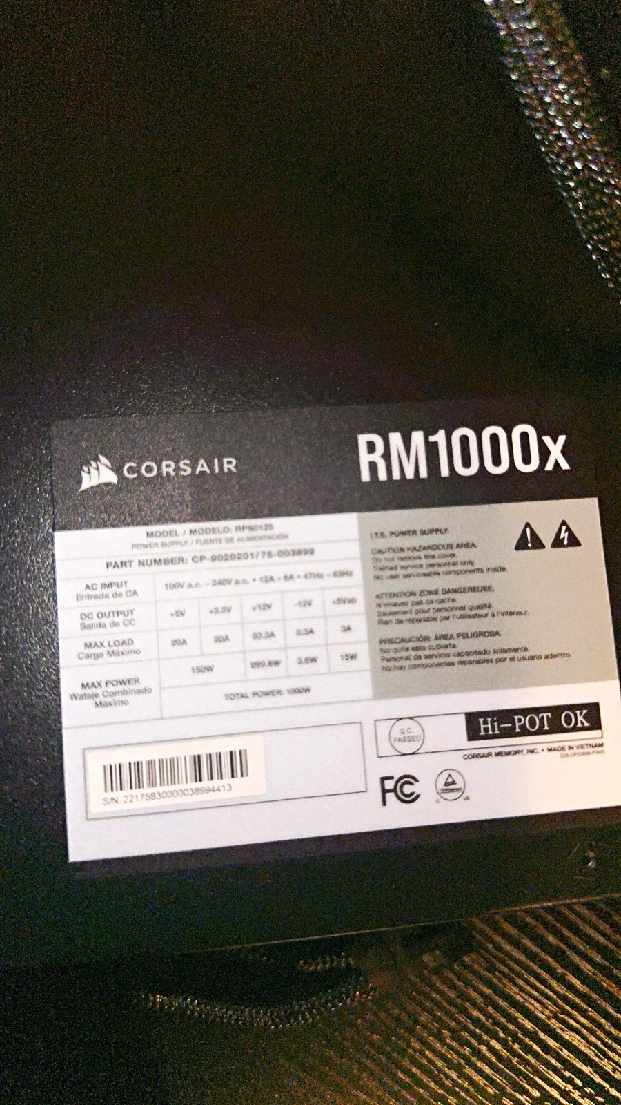 Corsair RM1000x 1000W ATX Modular PSU 4+4 CPU Connector Black