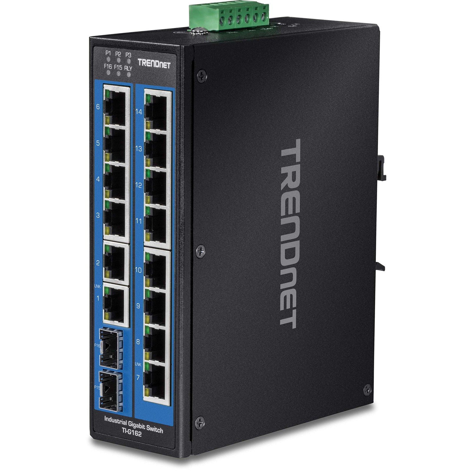 TRENDnet 16-Port Hardened Industrial Unmanaged Gigabit DIN-Rail Switch, Black