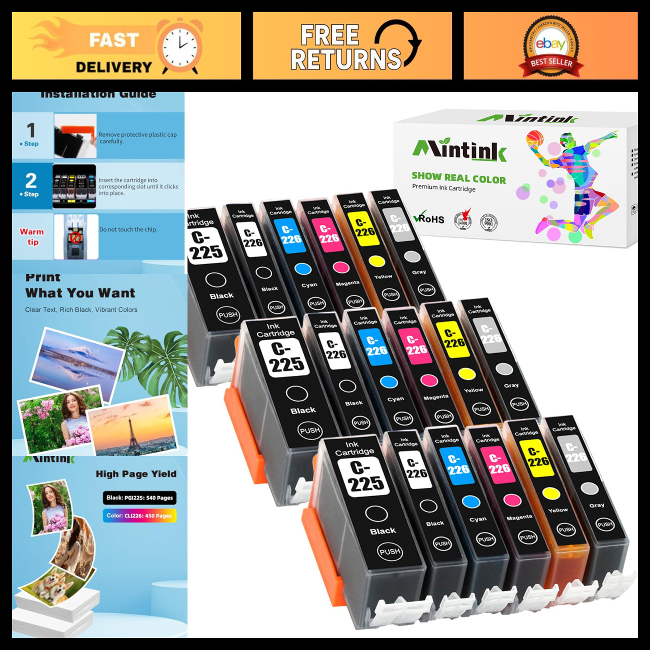Replacement Ink Cartridges for Canon PIXMA MG6120 MG6220 MX882 - 3 Black, 3 Cyan
