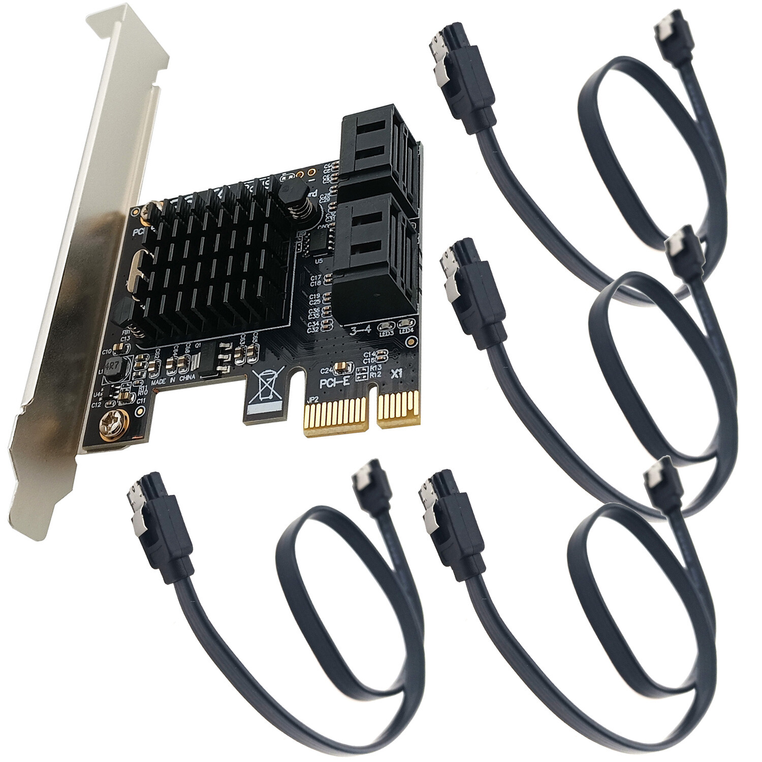 PCIe X1 to SATA Adapter 4 Port Expansion Card RAID HDD Data Cable Full Bracket