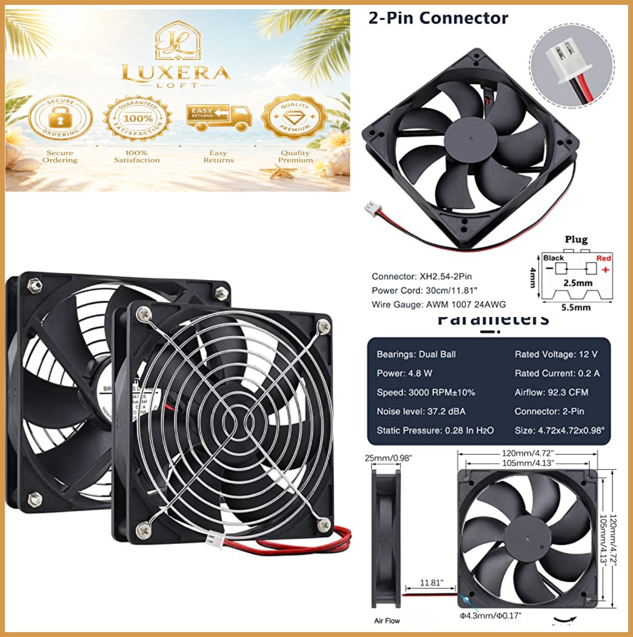 24V 120mm Case Fan 2-Pack, 3000 RPM 92.3 CFM, 2-Pin, Dual Ball Bearing