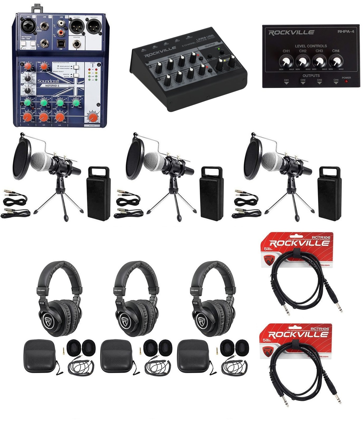 Soundcraft 3-Person Podcast Podcasting Recording Kit w/Mics+Stands+Headphones