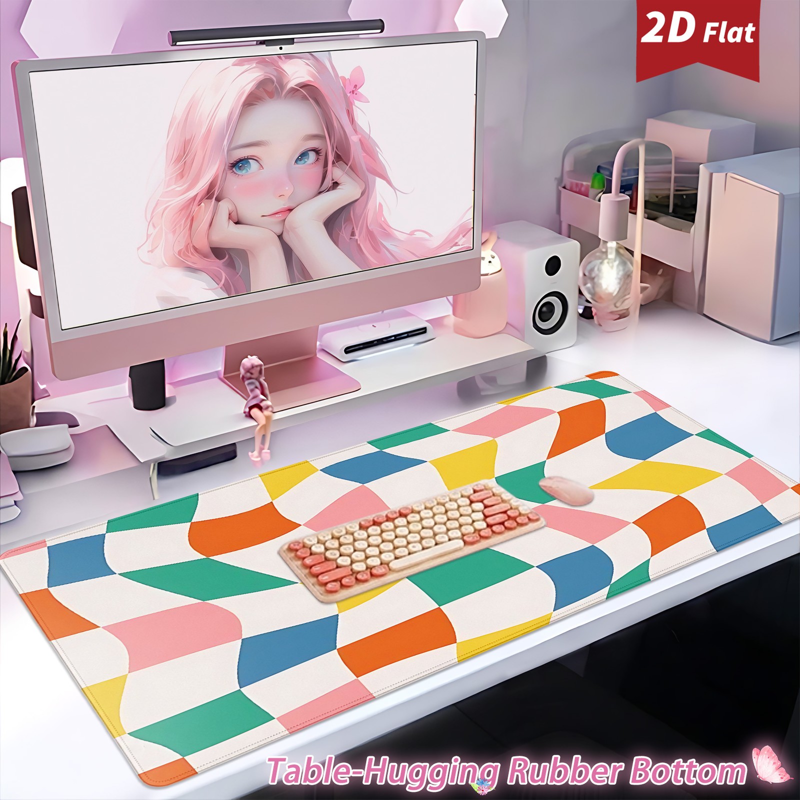 Desk Mat Wavy Checkerboard Colorful Mouse Pads Rubber Base Non-slip Large Mous