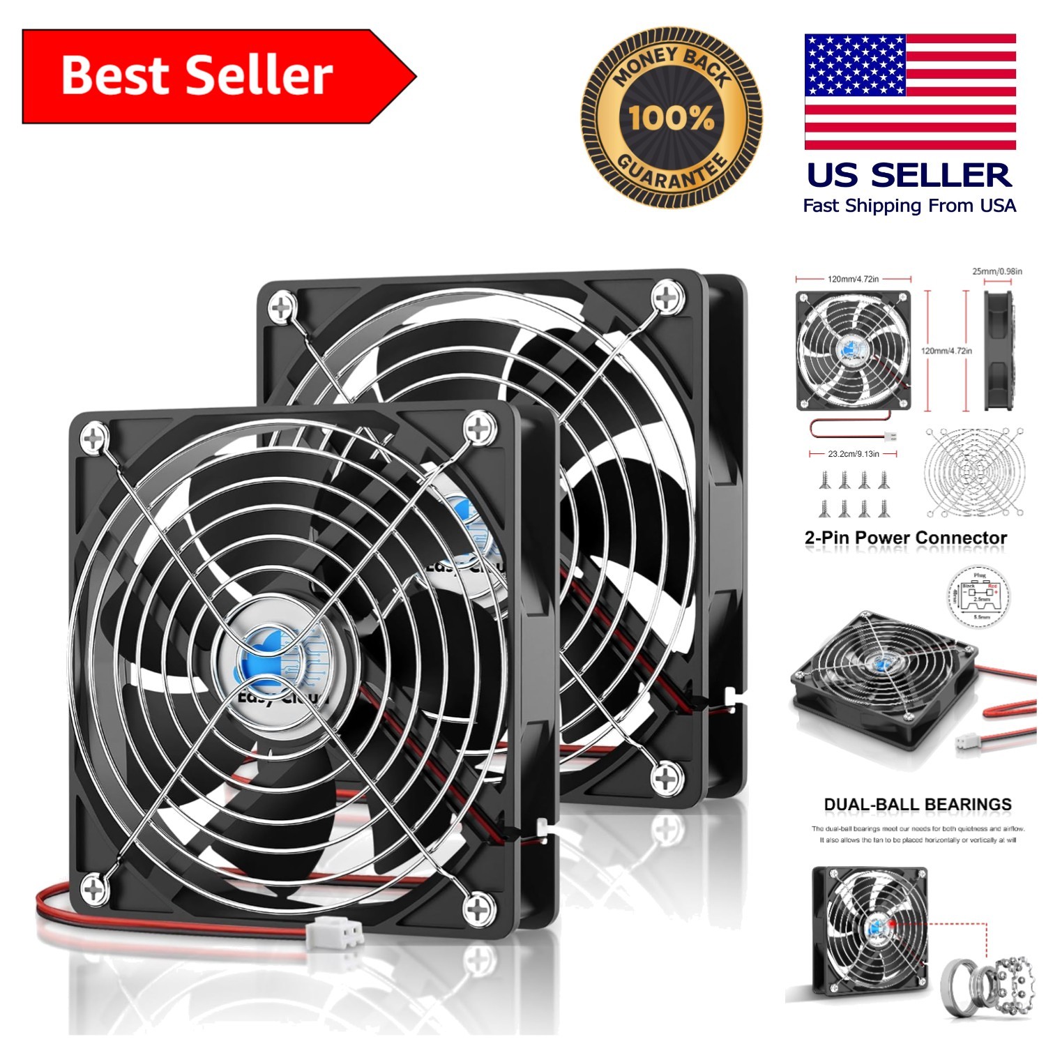 Elegant 120mm 12V Computer Fan Set - Dual Ball Bearing, 2 Pack for All Devices