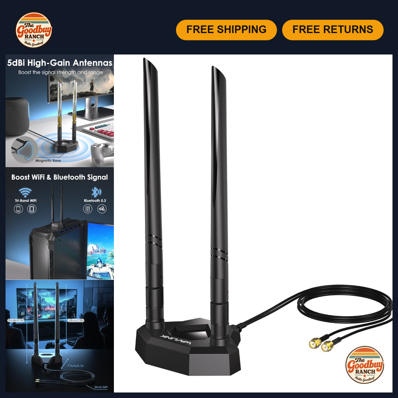 Tri-Band WiFi Antenna 2.4GHz 5GHz 6GHz 5dBi SMA Male Magnetic Base 6.6ft Cable