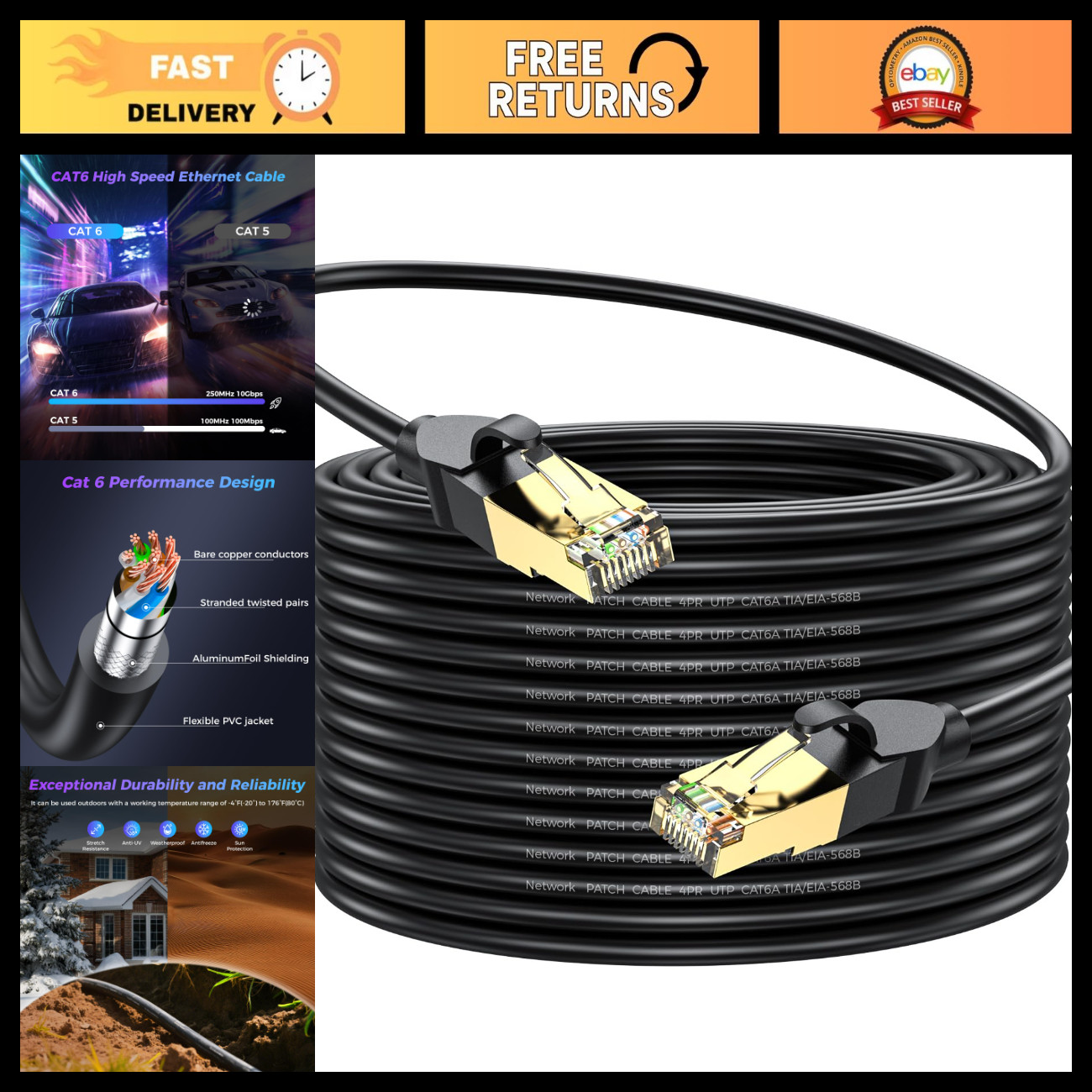 High-Speed Cat 6 Ethernet Cable 100ft, 10Gbps 550MHz, Weatherproof LAN Cord, RJ4