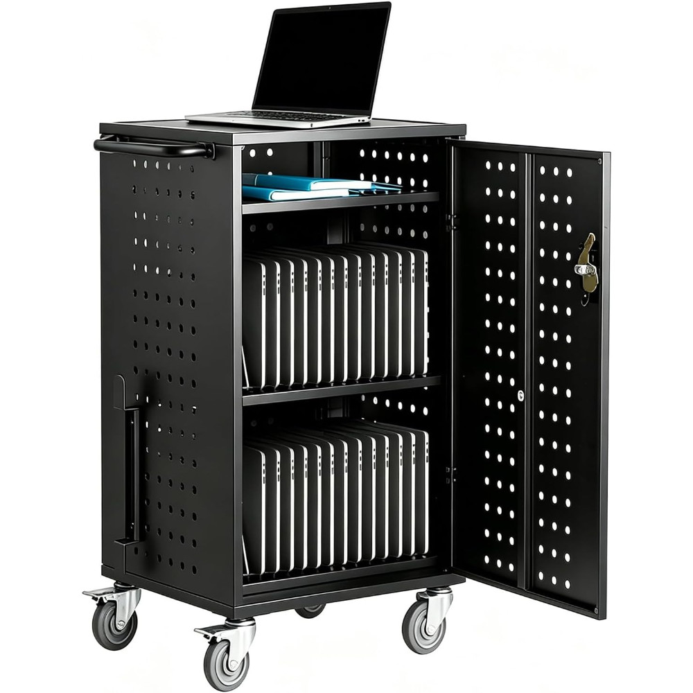 32-Bay Lockable Chromebook Charging Cart Ventilated Steel Mobile Station Office