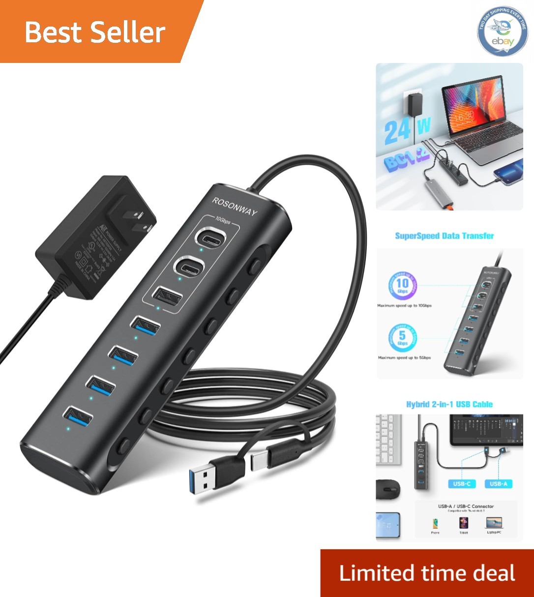 Aluminum 7-Port Powered USB Hub - Blazing-Fast 10Gbps Transfer & Safety Features
