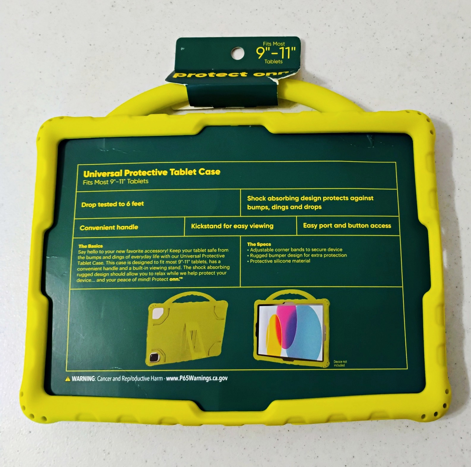 onn. Universal Protective Tablet Stand Case Handle Kickstand Yellow 9-11 in