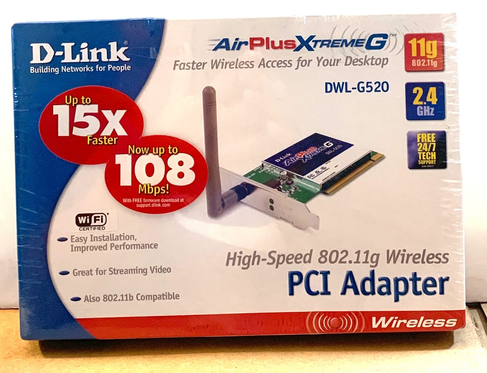 D-Link DWL-G520 Wireless PCI Adapter, 802.11g, 108Mbps --NEW, FACTORY SEALED