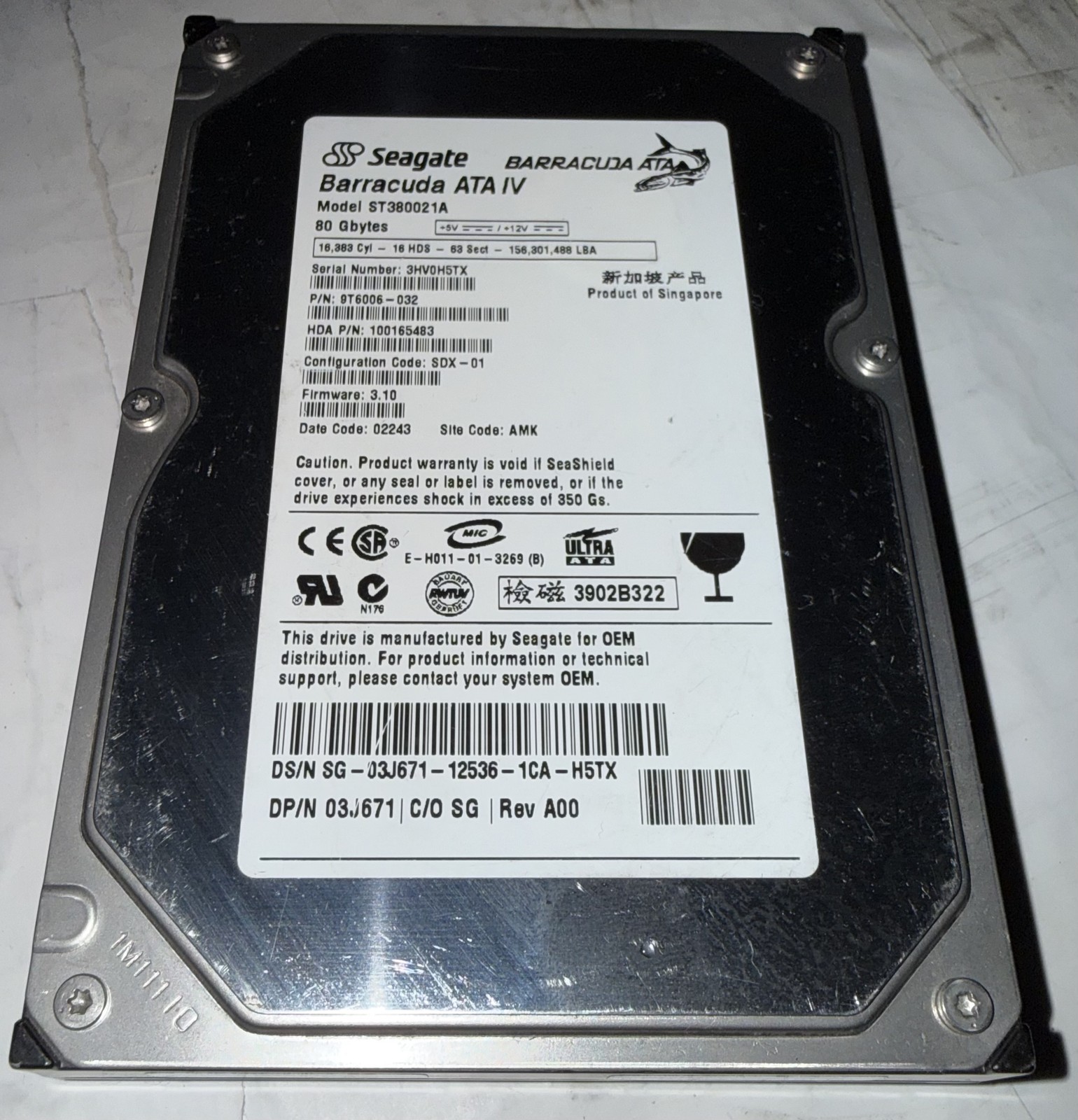 Seagate Barracuda ATA IV 80GB 3.5in IDE Hard Drive ST380021A Singapore