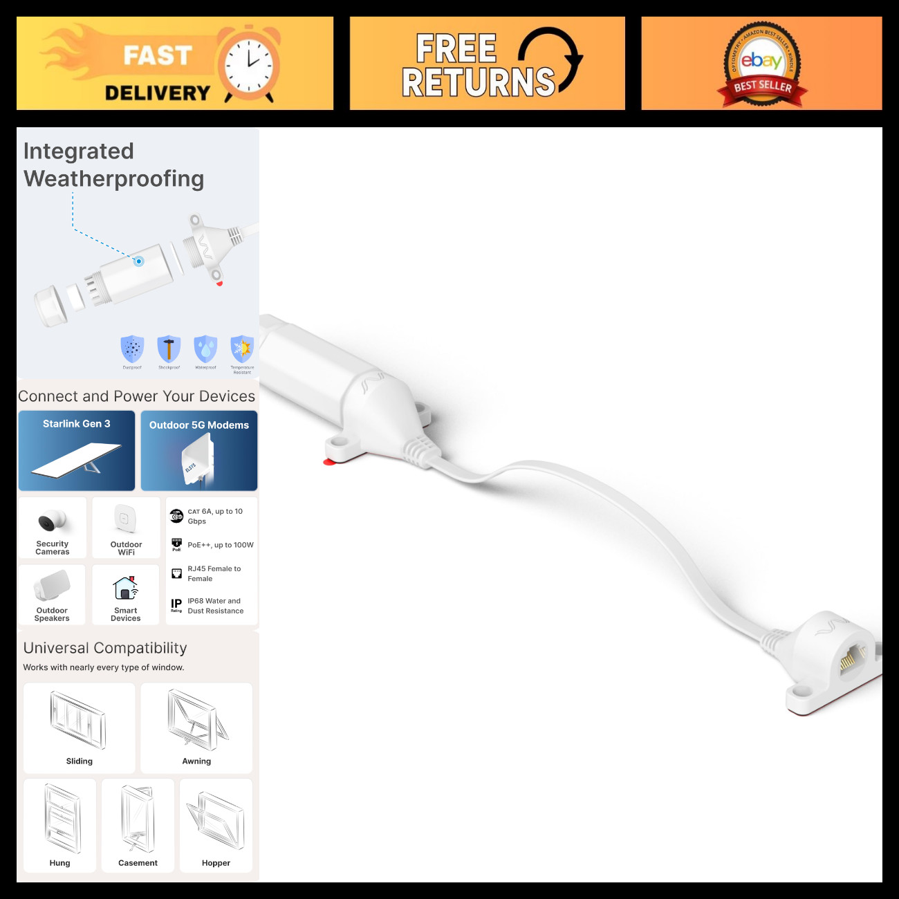 Ultra-Flat Ethernet Window Entry Cable - Passthrough Design for Easy Installatio