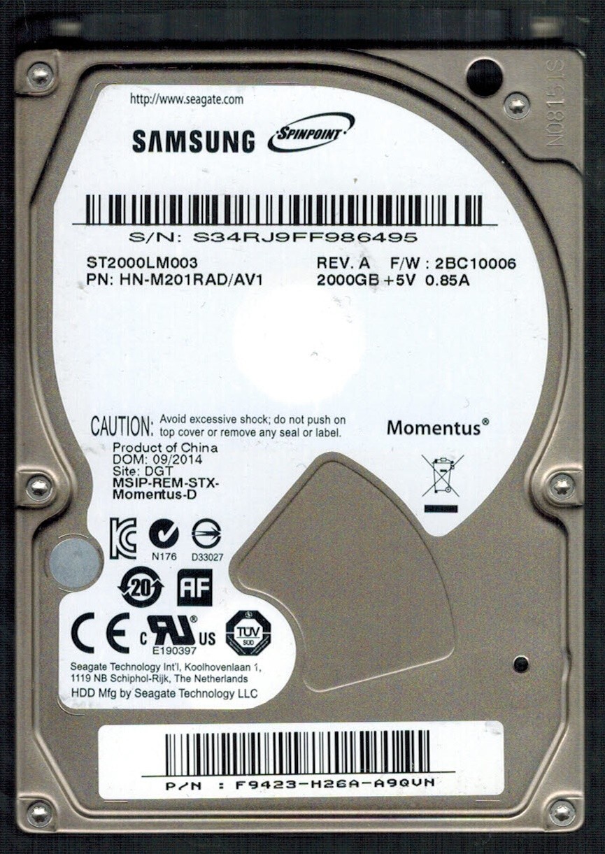 ST2000LM003 P/N:HN-M201RAD/AV1 S/N:S34RJ SAMSUNG 2TB CHINA SEP 2014