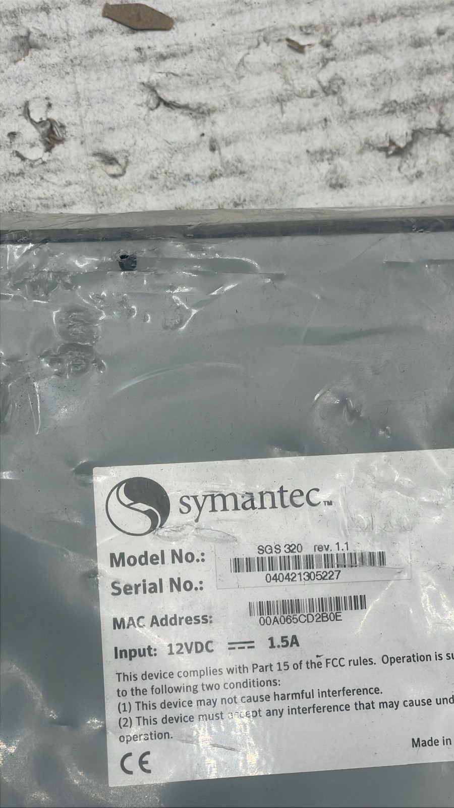 Symantec SGS 320 Rev 1.1 Security Gateway Appliance Firewall 12V 1.5A Unit Only