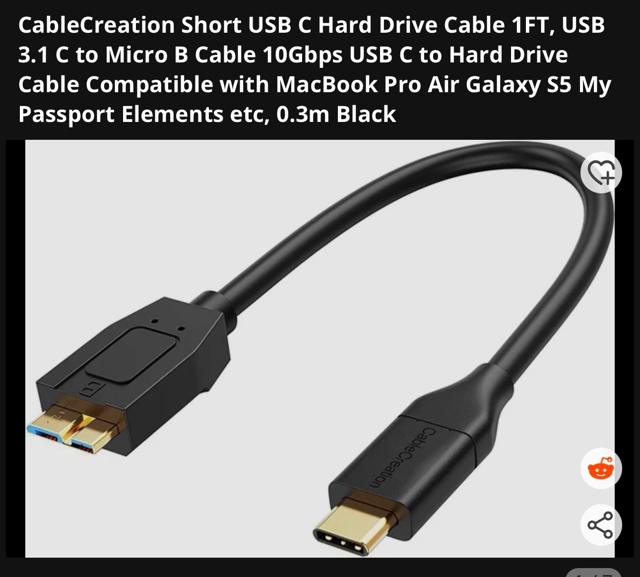 CableCreation Short USB-C to USB 3.1 Micro-B Cable 0.3m 1ft Black