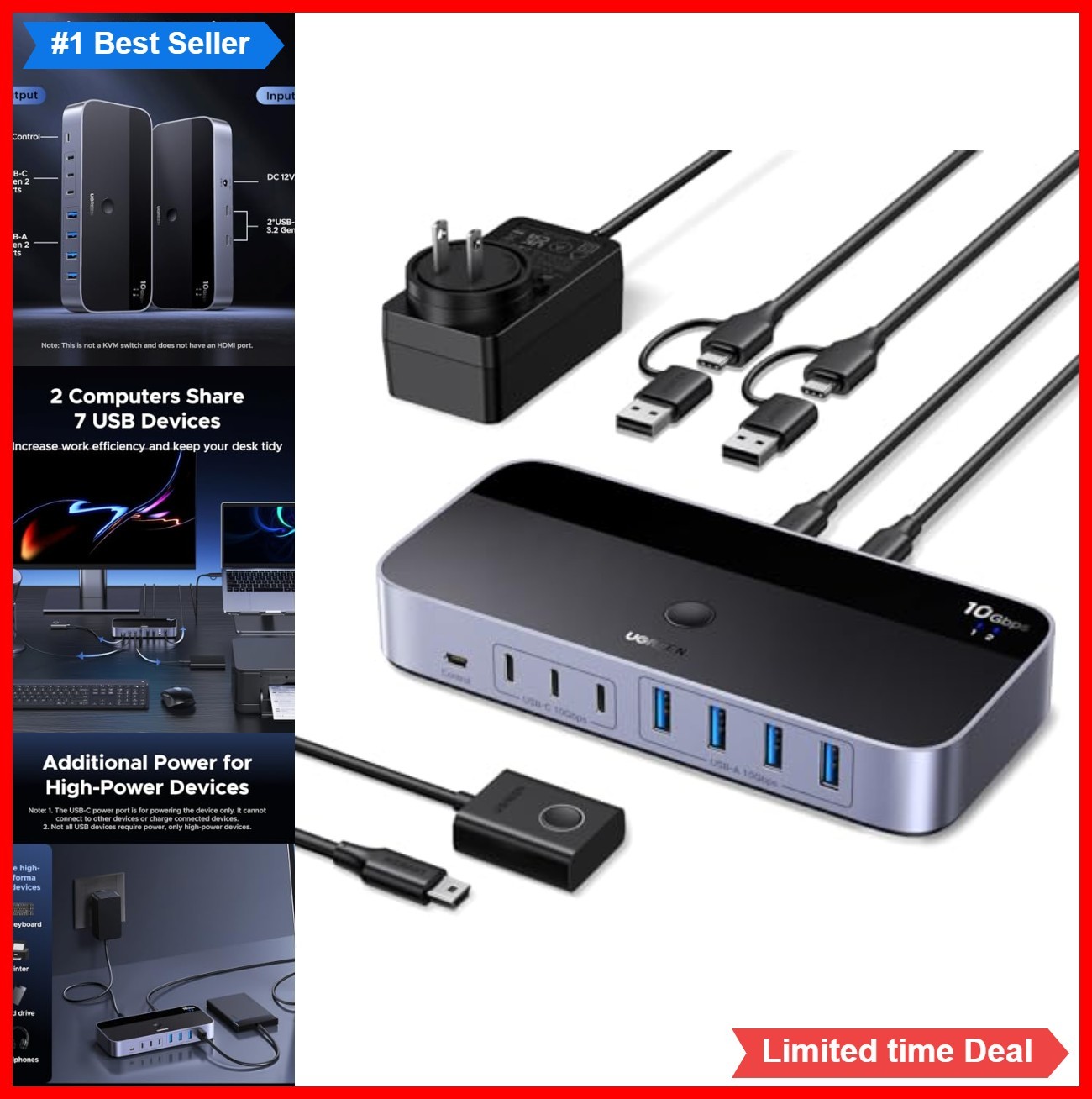 USB Switch 2 In 7 Out 10Gbps 4 USB-A 3 USB-C for Keyboard Mouse Printer Hard