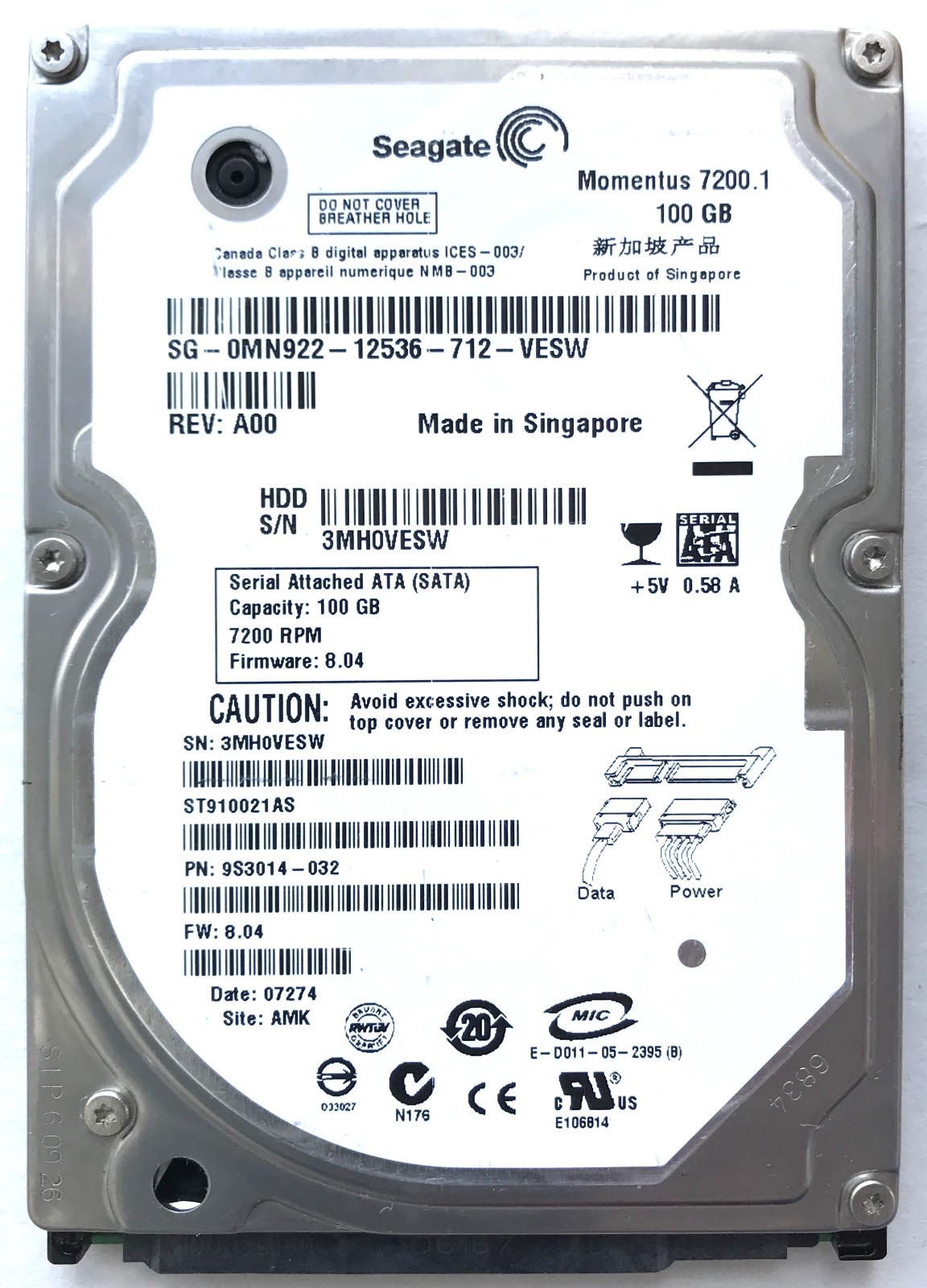 Seagate  100GB Momentus 7200 RPM 2.5” SATA HDD ST910021AS PN: 9S3014-032
