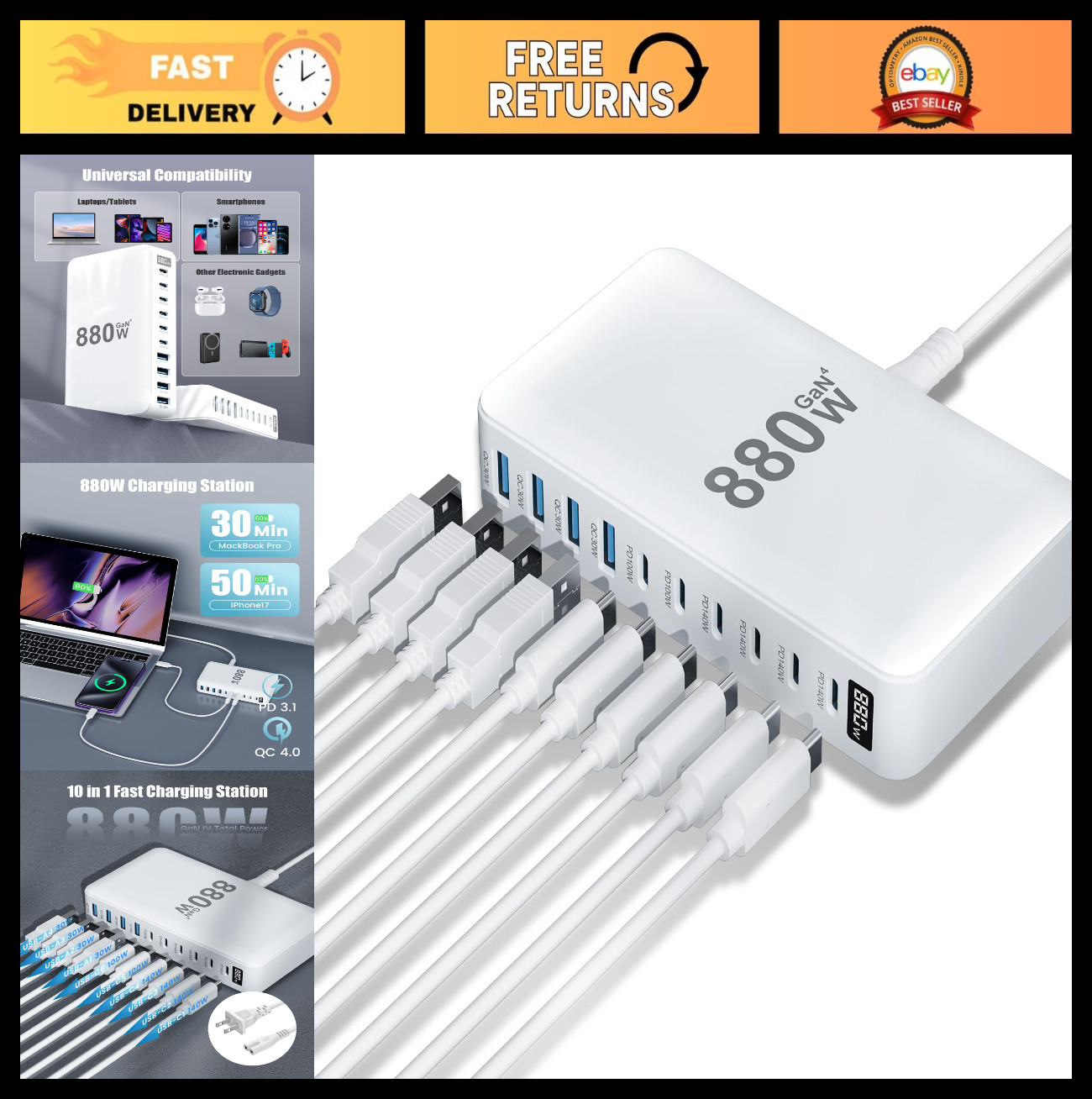 880W USB C Charger Block, 10-Port GaN IV Charging Station, 140W Fast Laptop Adap