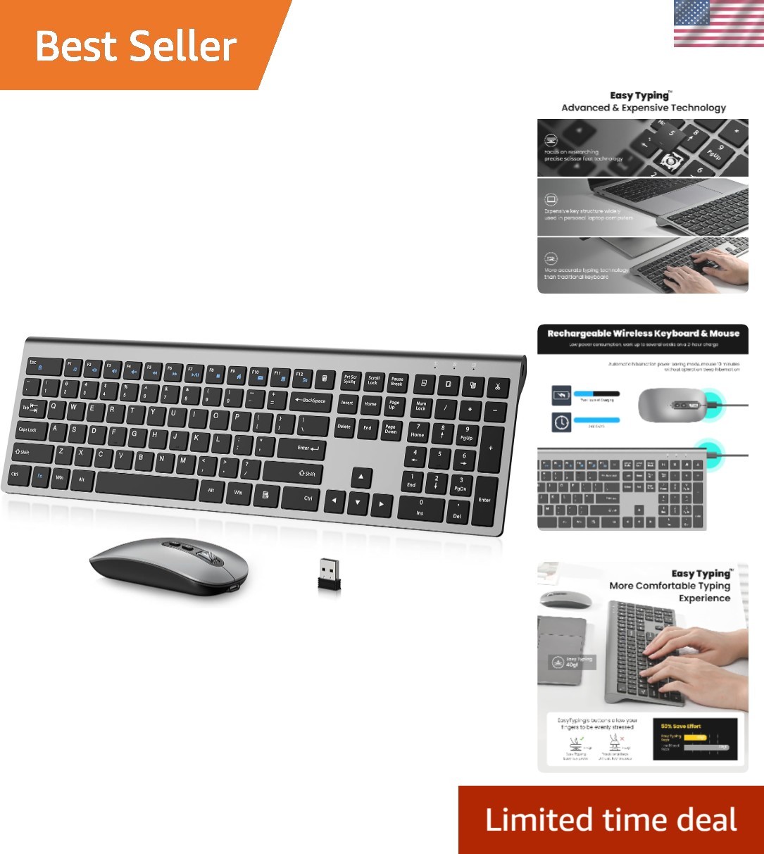 Wireless Keyboard & Silent Mouse Combo - Rechargeable, Grey, Ergonomic