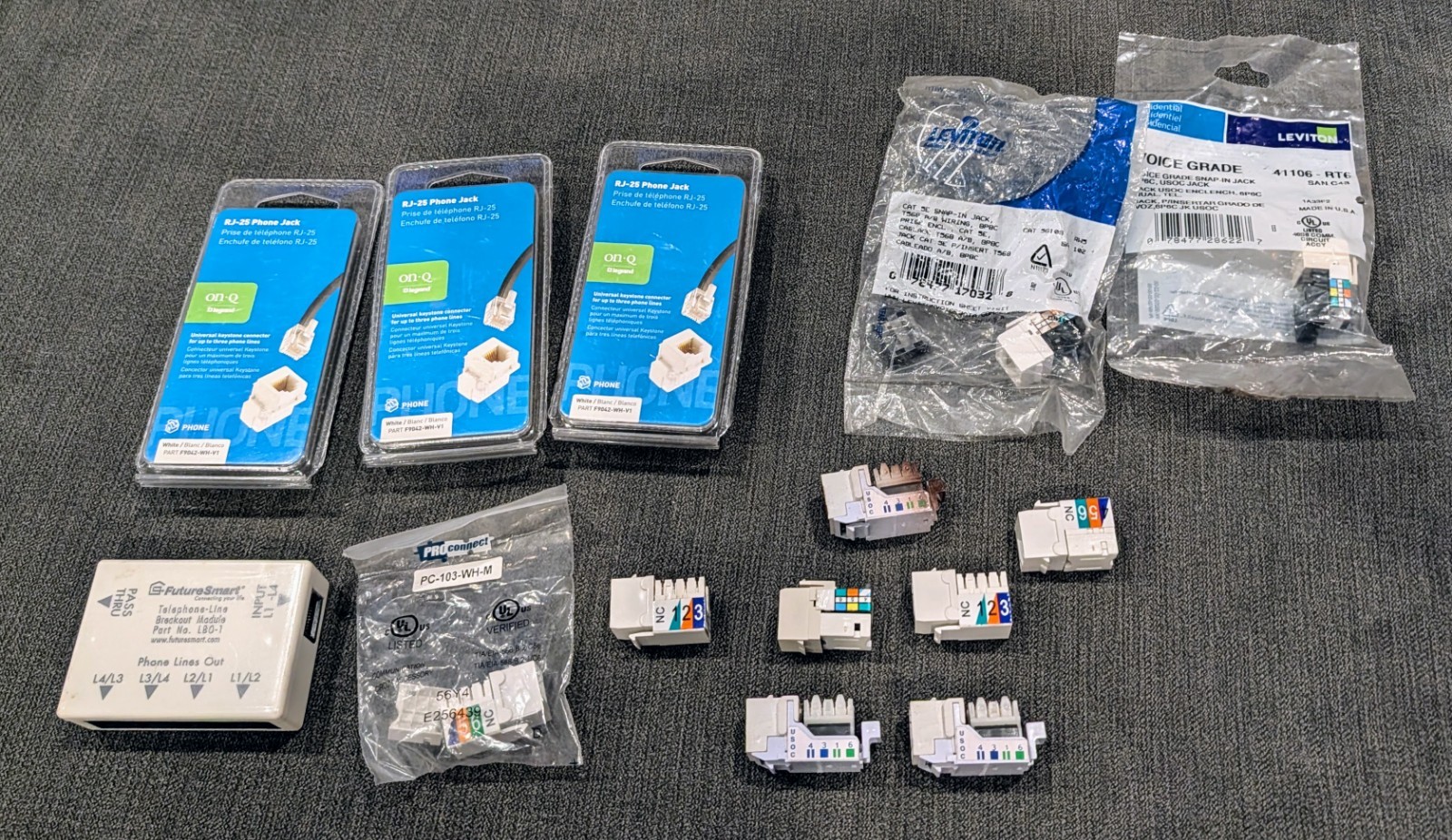 Lot of Keystone Jacks Phone Modules On-Q Leviton FutureSmart RJ-25 CAT 5E
