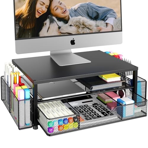 2-Tier Monitor Stand Desk Organizer With Drawer Pen Holder Black