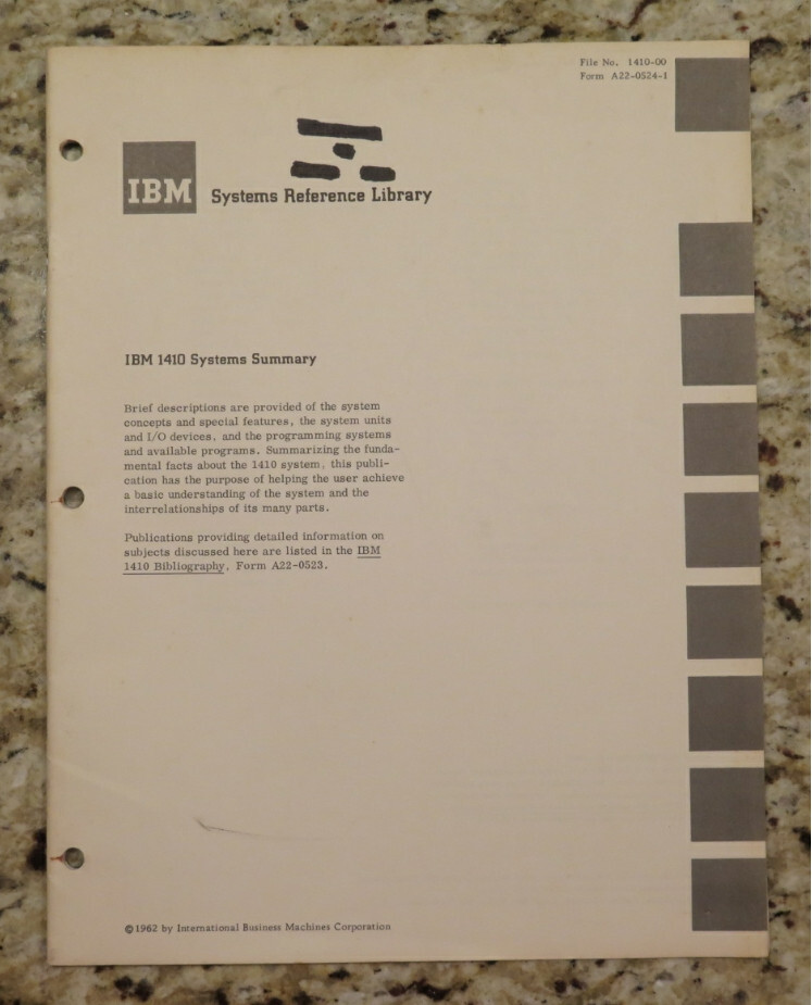 Vintage IBM 1410 Systems Summary Systems Reference Library dated 1962, Revised 