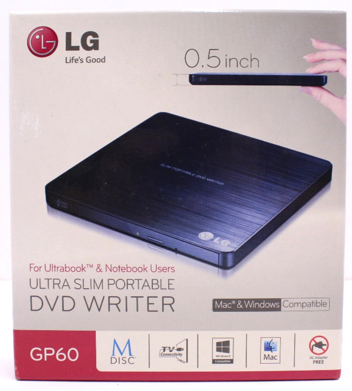 LG GP60NB50 Ultra Slim Portable DVD Writer Mac Windows Black - New