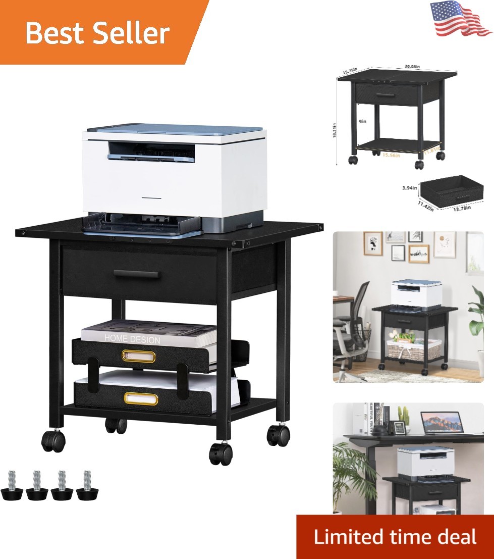 Modern Black 2-Tier Printer Stand with Drawer & Locking Wheels - Easy Mobility