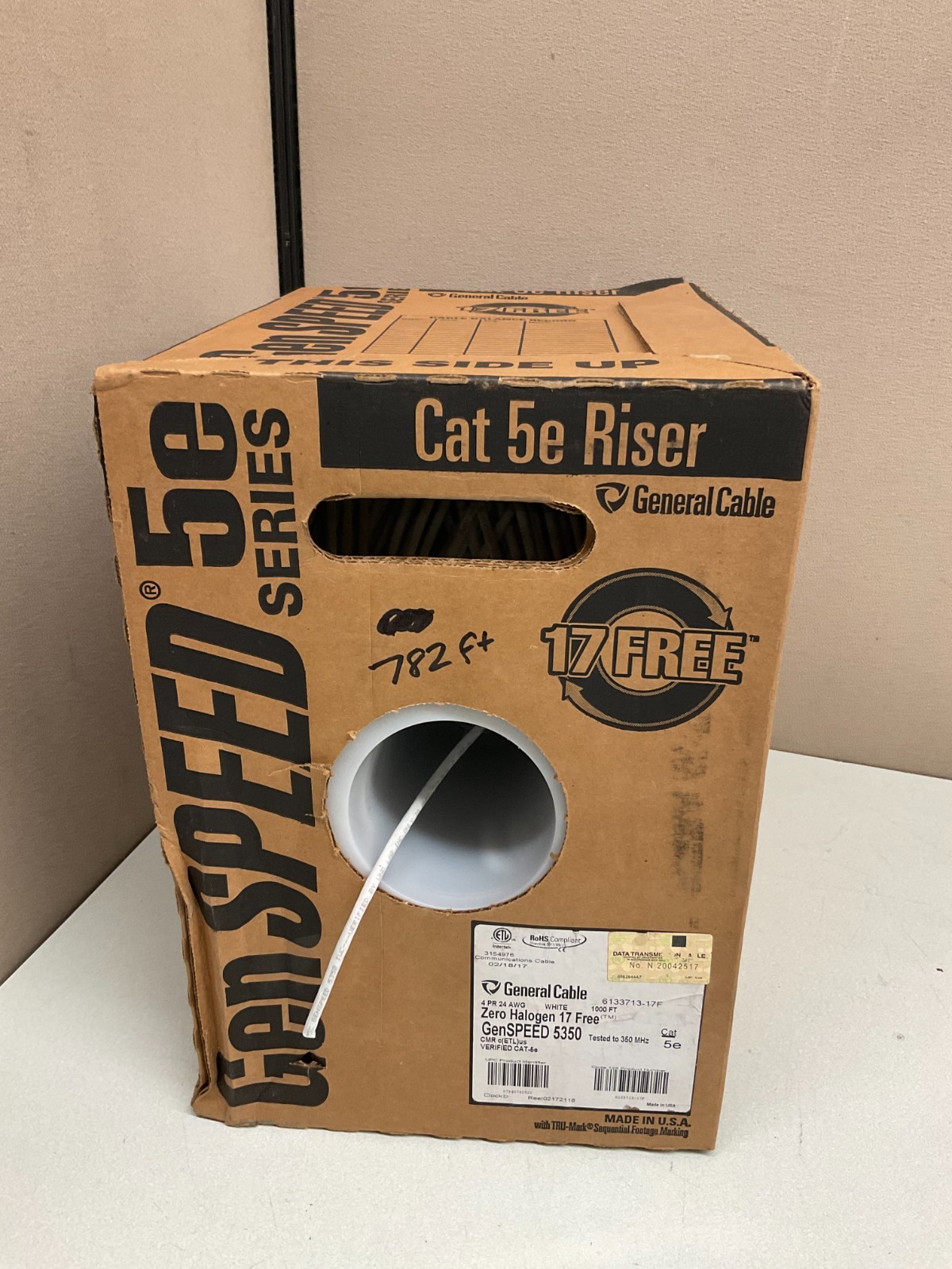 782ft General Cable GenSPEED 5350 White Cat5e Riser Cable 6133713-17F Ethernet