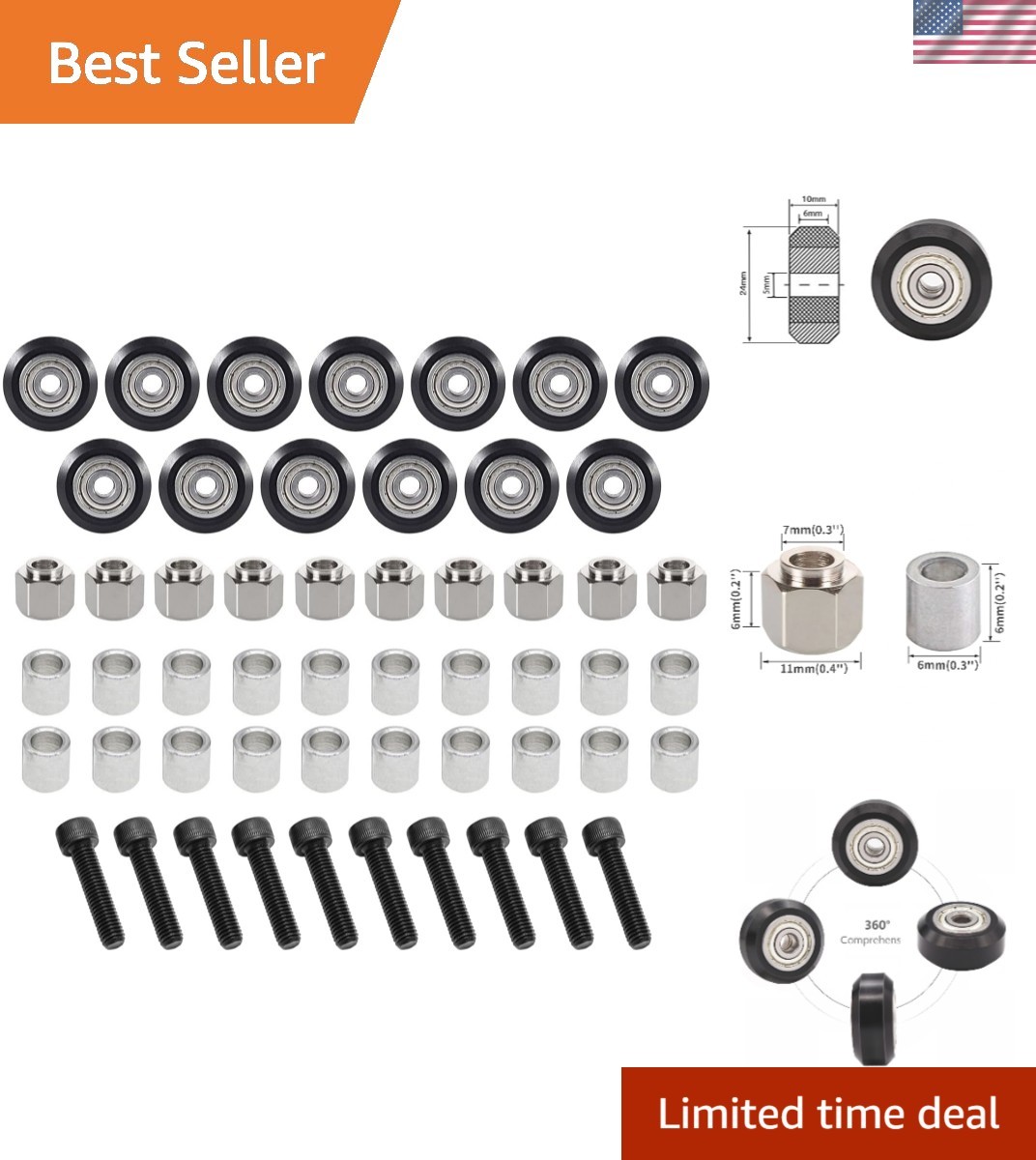 53 PCS 3D Printer Wheel POM Pulley 13 PCS Polycarbonate Wheels, 10 PCS Hexagn...