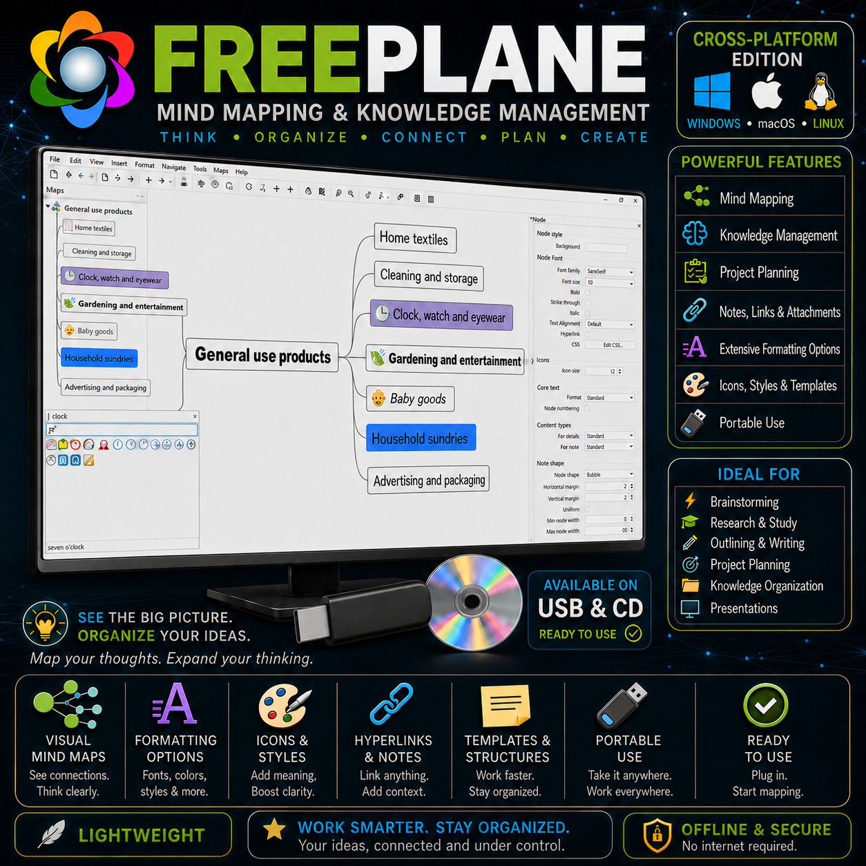 Freeplane | Mind Mapping | Project Management | USB & CD | Win Mac Linux