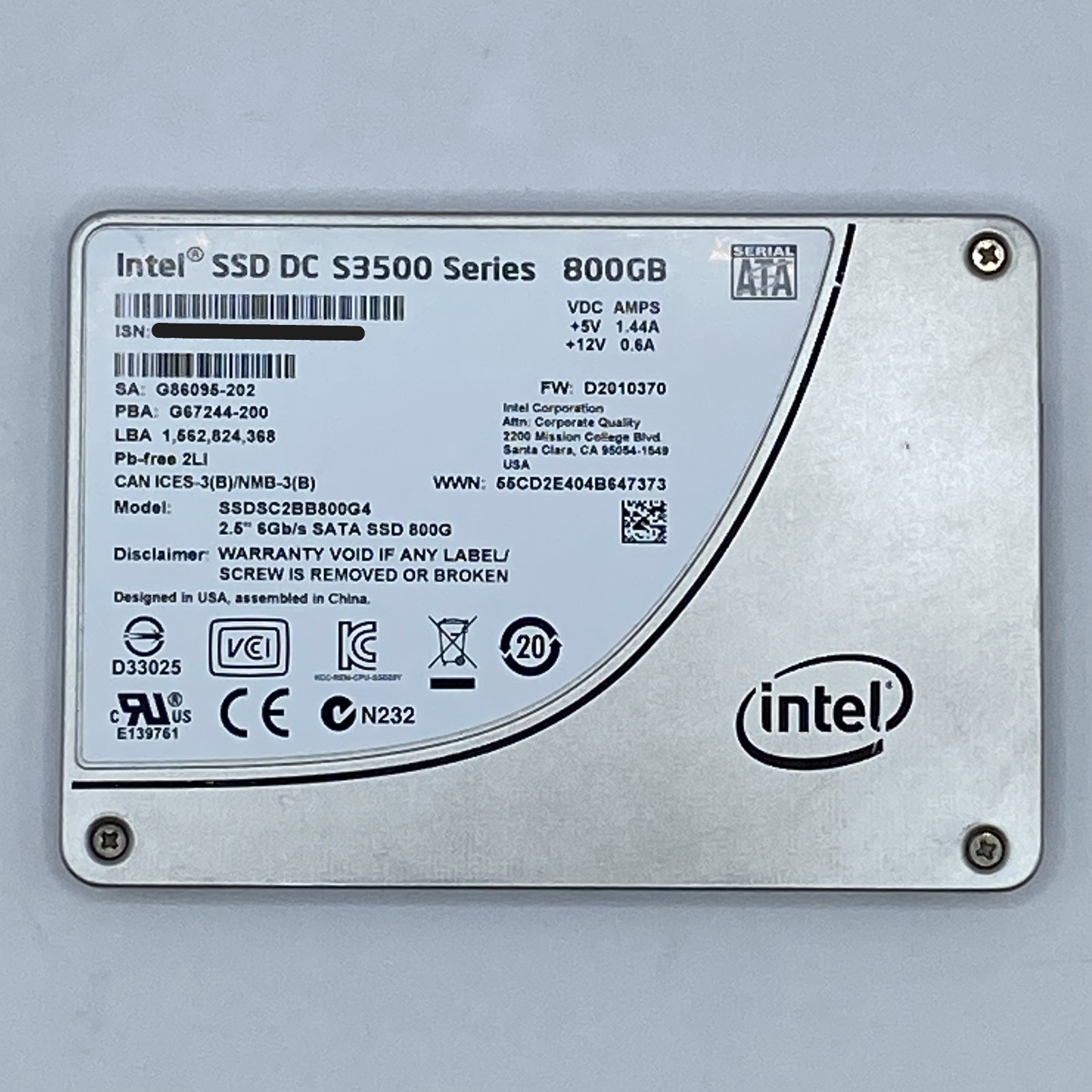Intel 800GB SSD DC S3500 Solid State Drive 2.5" SATA SSDSC2BB800G4 Good Health