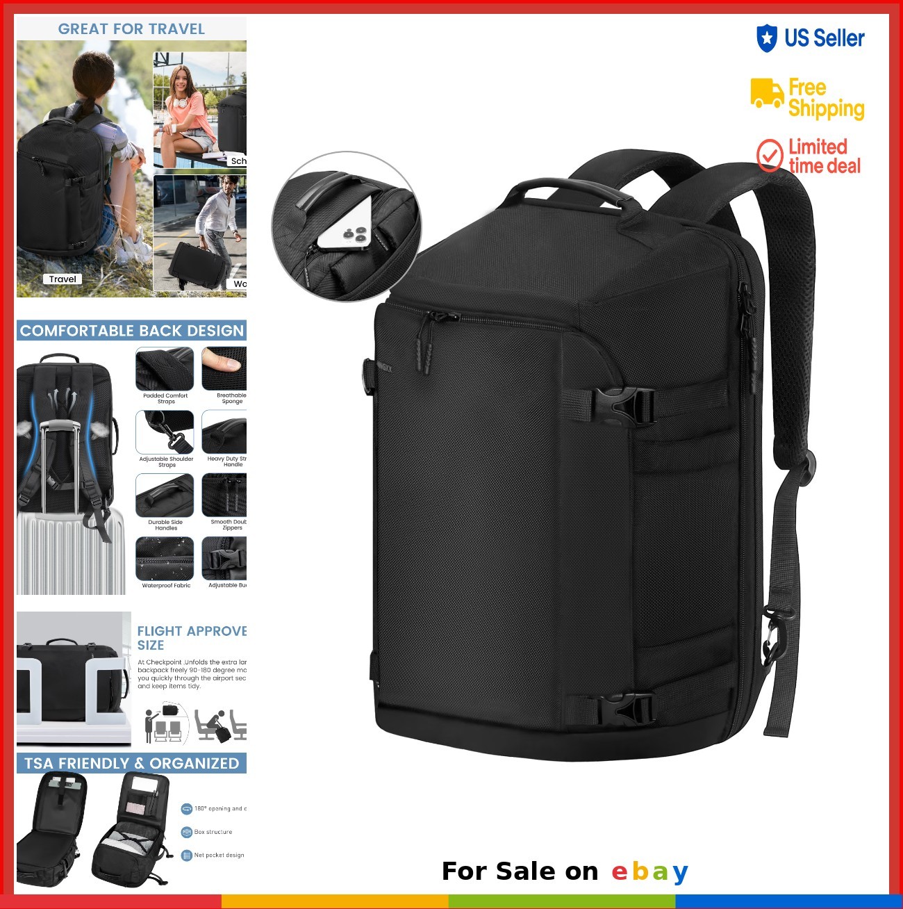 40L Travel Laptop Backpack Expandable Carry On TSA Approved Fits 17 Inch