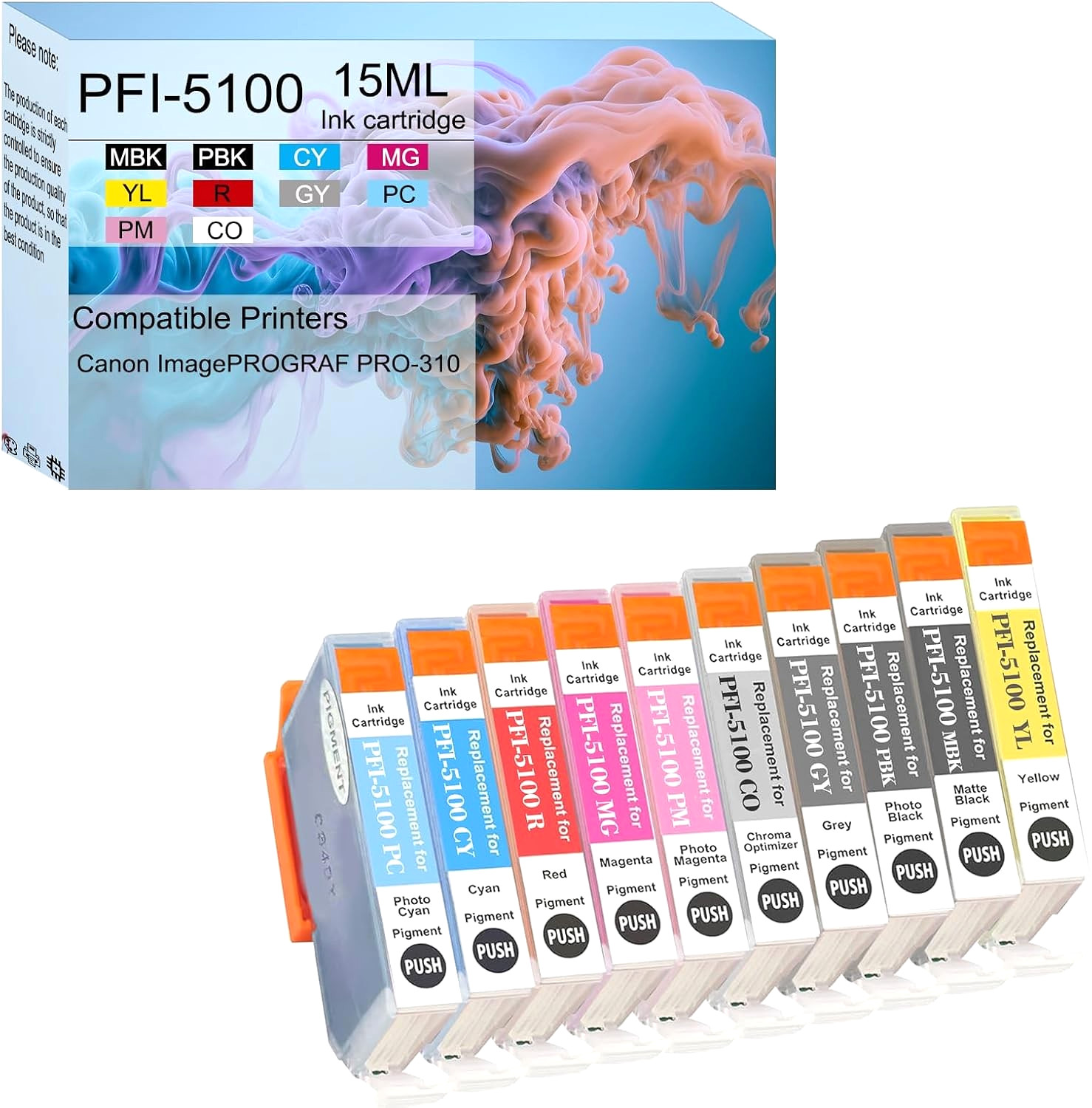 PFI-5100 Ink Cartridge 10-Pack with Smart Chip for Canon imagePROGRAF PRO-310