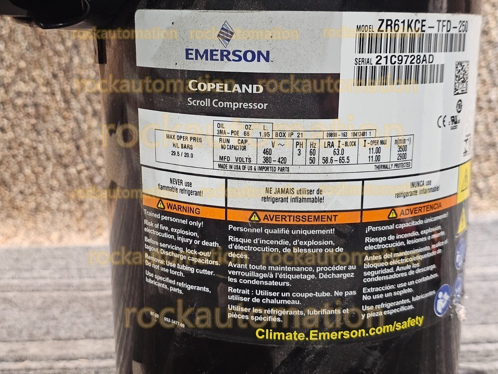 Copeland ZR61KCE-TFD-250 Scroll Compressor Replacement 5 HP 460V 3 PH R134a #HT