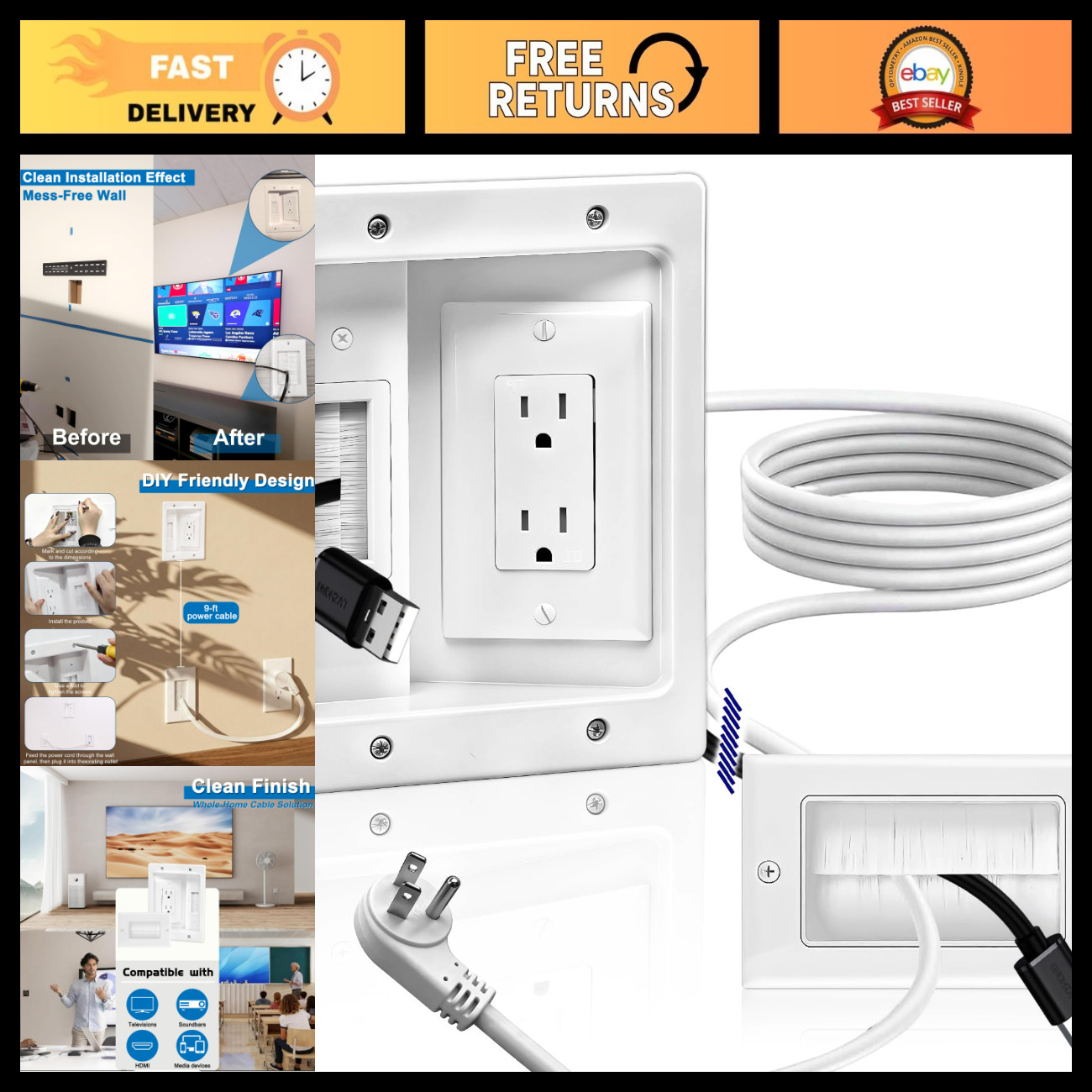 Wall Cable Management Kit with Recessed Outlet, 9FT Power Cord, 2 AC Outlets, Sl