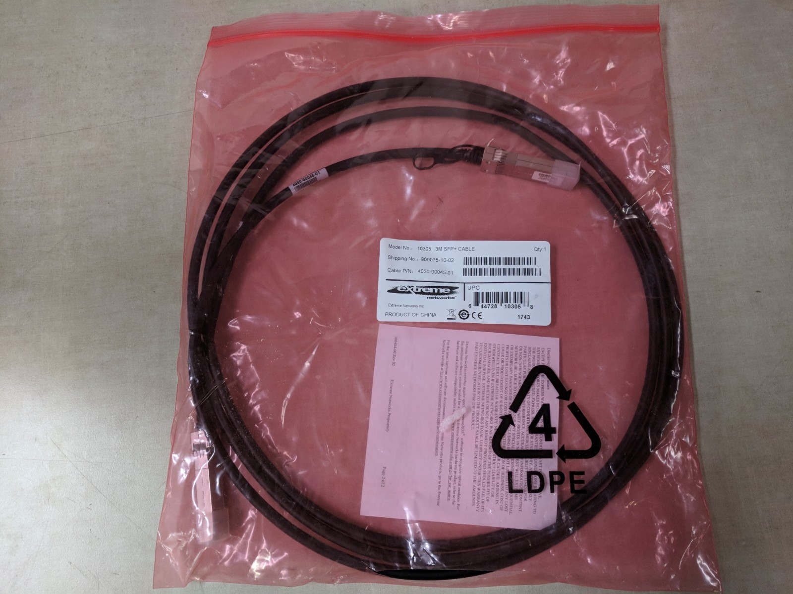 Extreme Networks 10305 SFP+ Twinaxial Network Cable 3M