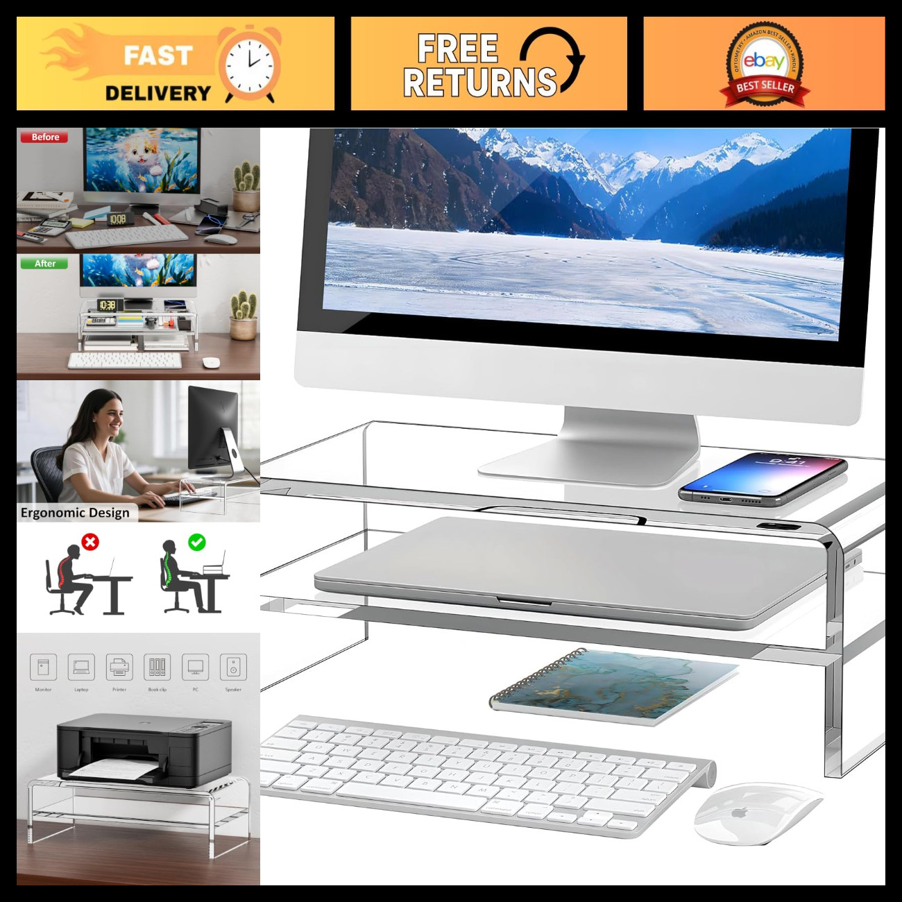 Clear Acrylic 2-Tier Monitor Stand Riser, 5.12" High Desk Organizer for PC & Lap