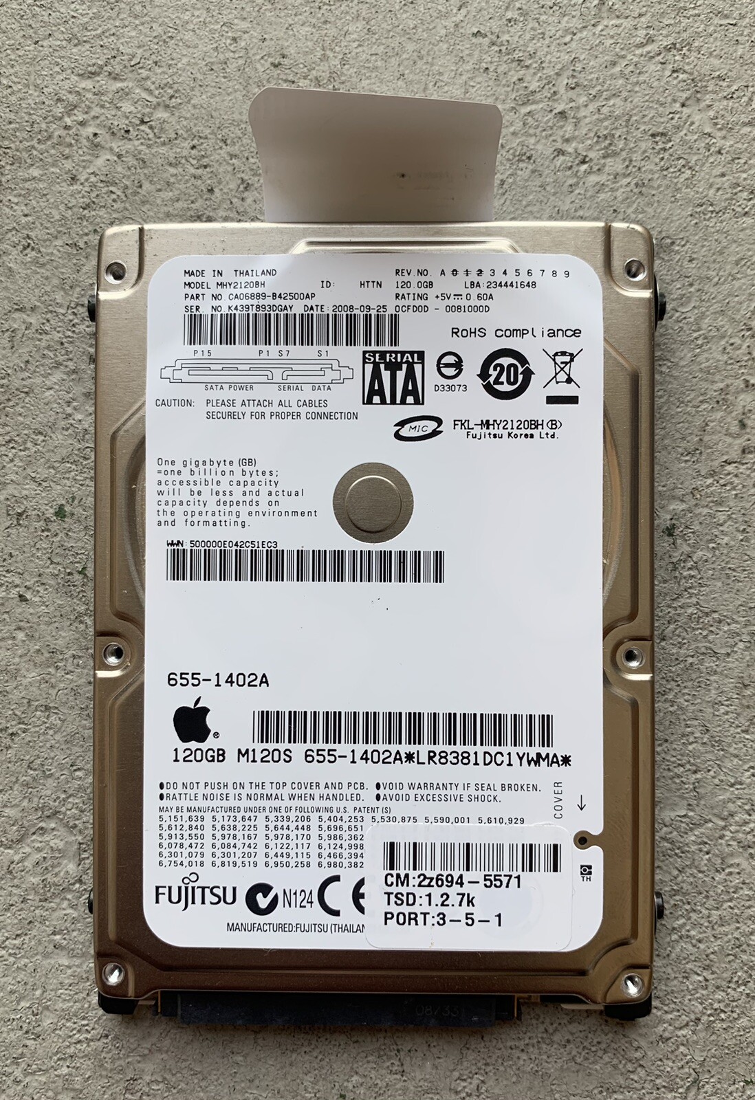 Fujitsu MHY2120BH CA06889-B42500AP Apple #655-1402A 120gb Sata