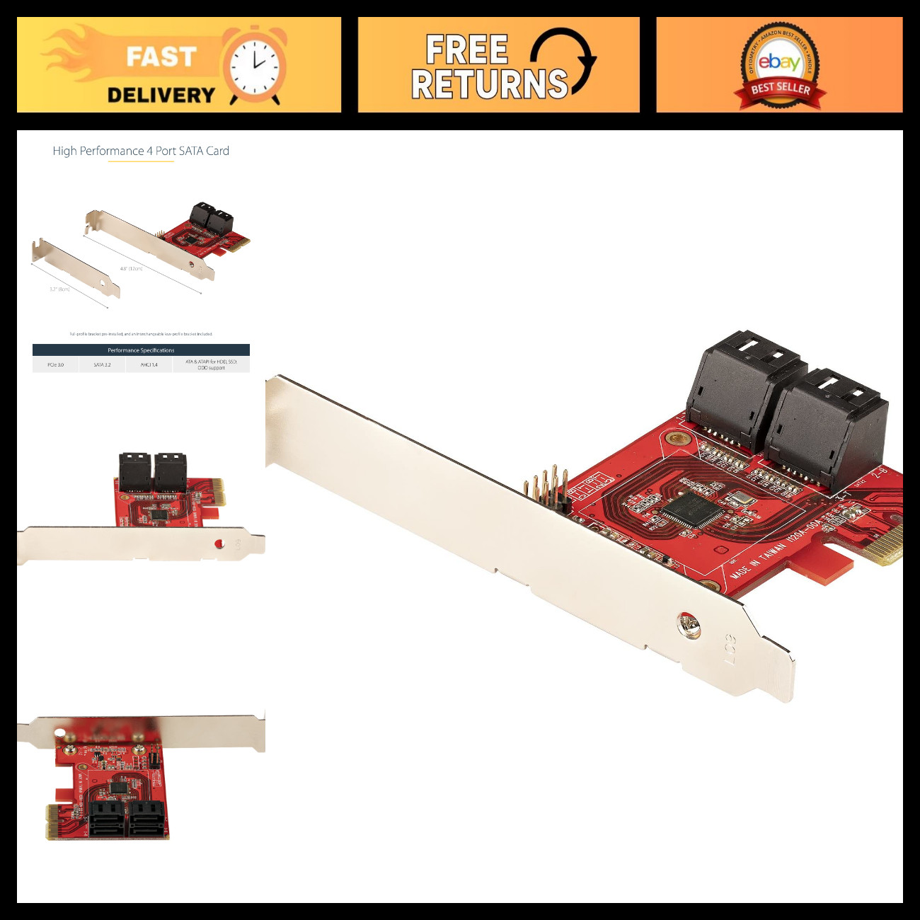 4-Port SATA III PCIe Card - 6Gbps Non-RAID Expansion for Fast Data Transfer