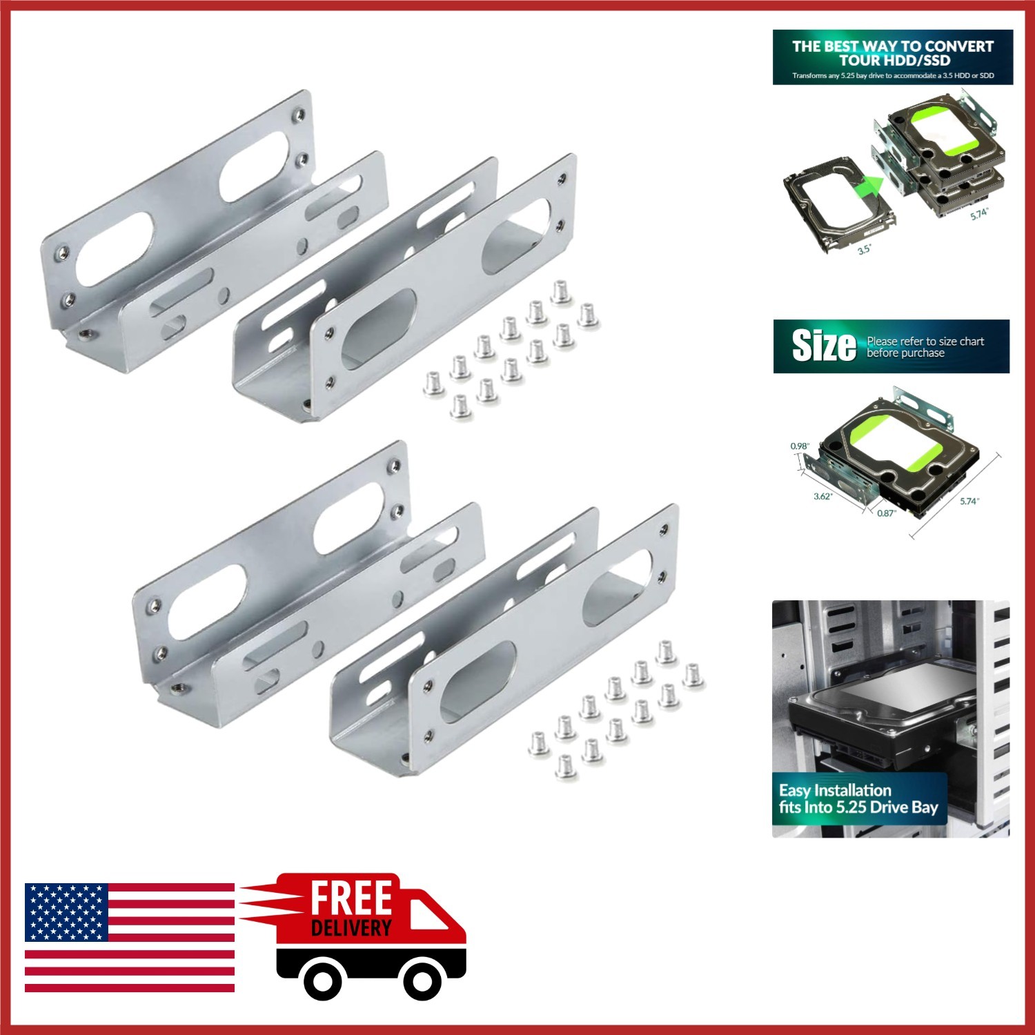 2 Pack Metal Mounting Bracket Adapter for 3.5 to 5.25 Inch Hard Drives