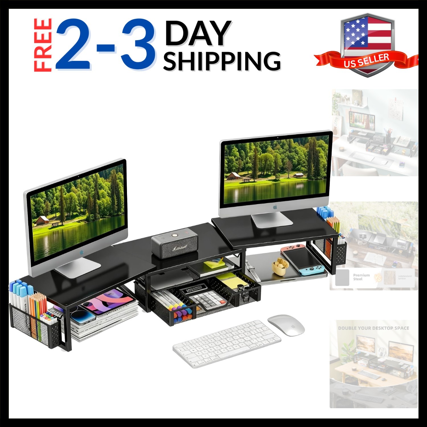 Dual Monitor Stand with Hidden Storage - Reduces Neck Strain Efficiently