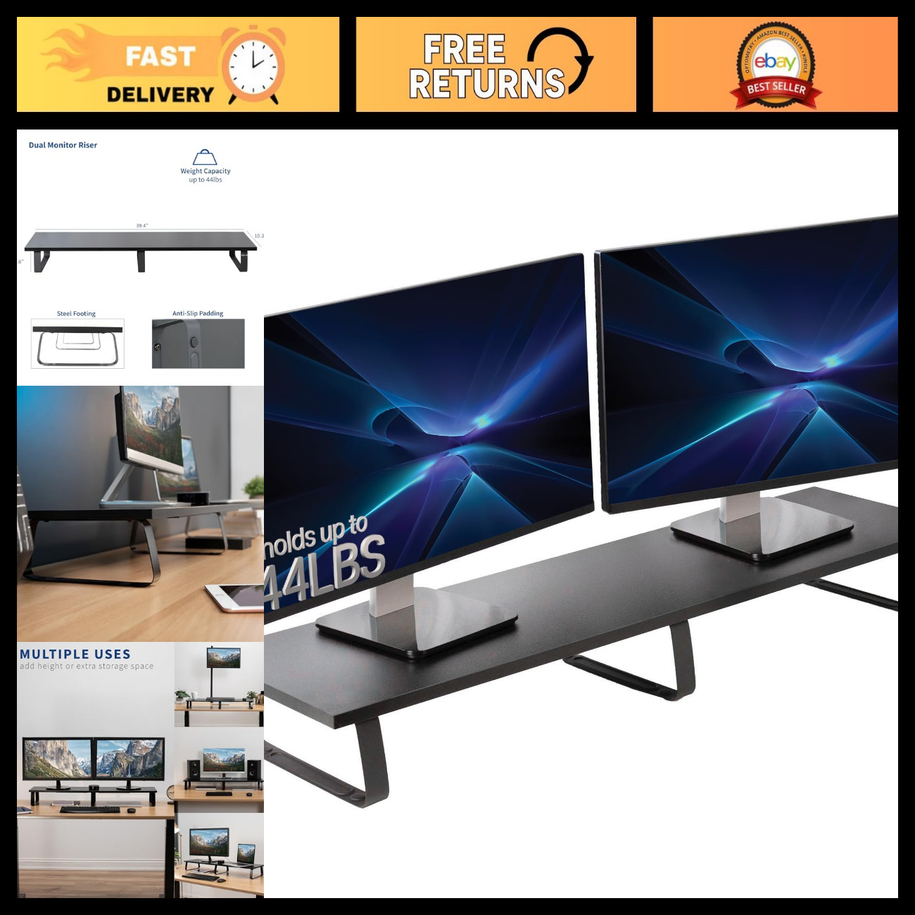 Extra Long 39" Monitor Stand - Wood & Steel Desktop Riser for Dual Screens, Ergo