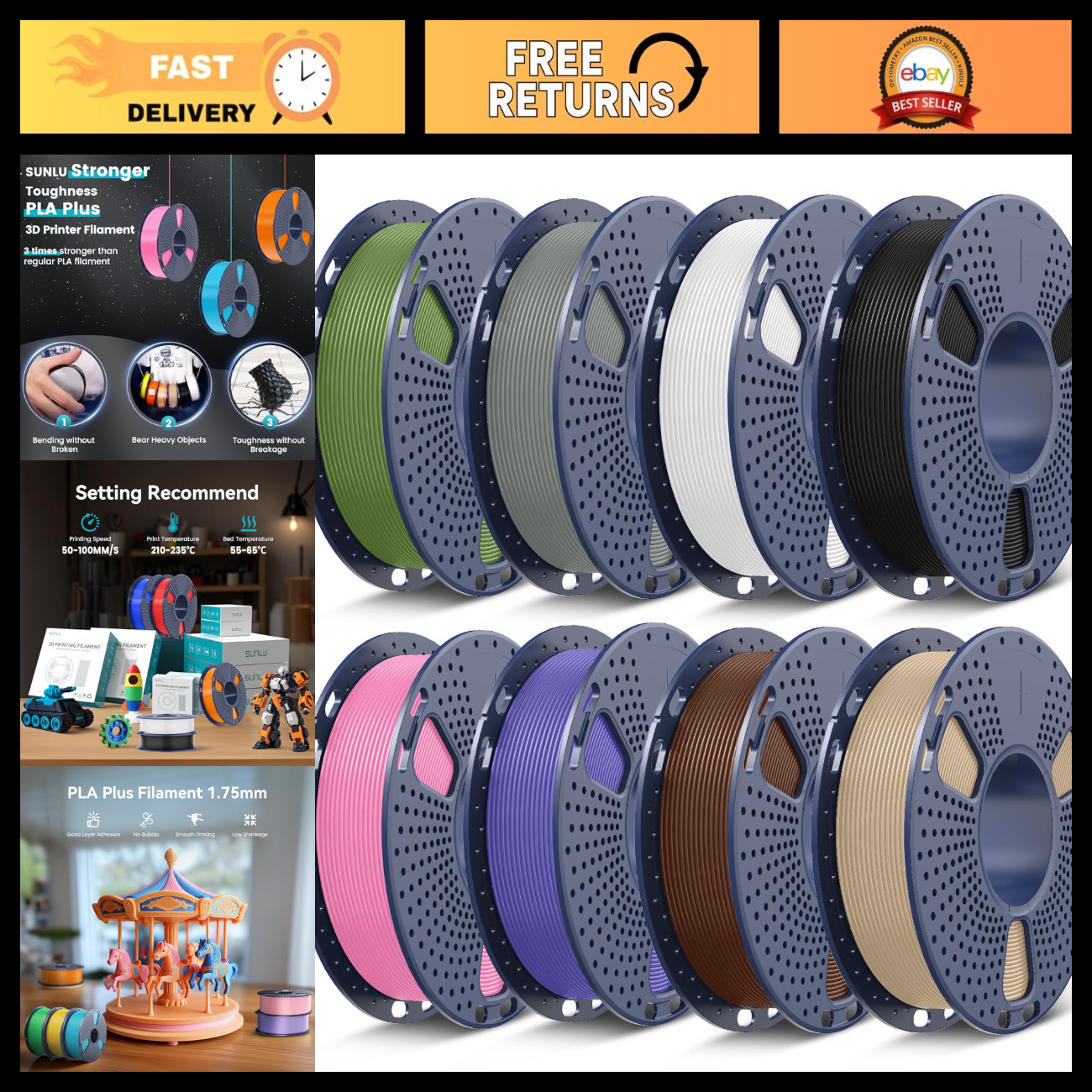 1.75mm PLA+ 3D Printer Filament - 2kg, 8 Vibrant Colors, High-Quality Material
