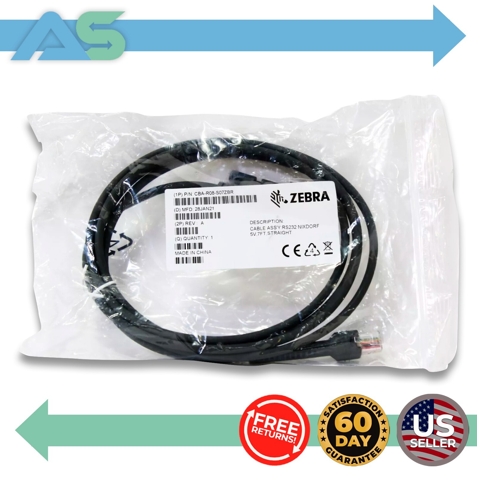 🦓 Zebra 7FT RS232 Nixdorf 5V Data Transfer Cable Cord - CBA-R08-S07ZBR