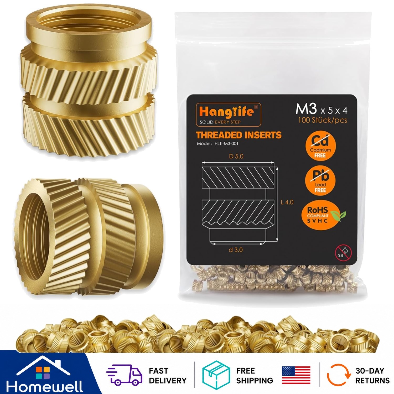 M3 Heat-Set Inserts - 100 Brass Knurled Nuts for Enhanced 3D Print Stability